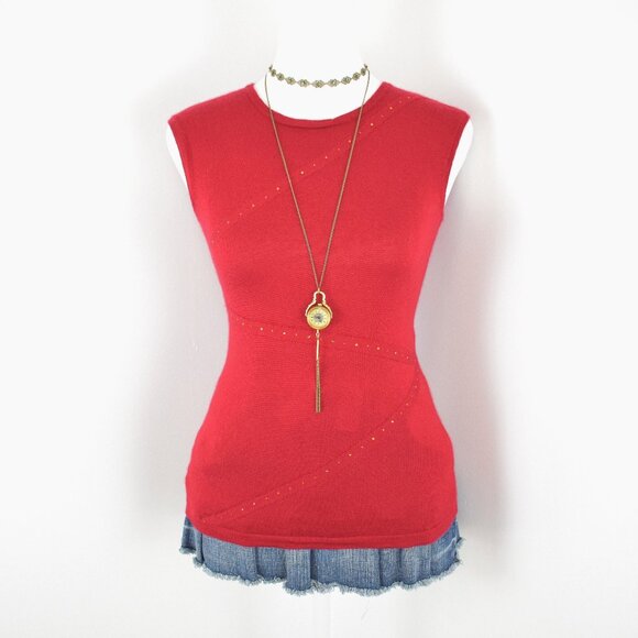 Vintage 2000s Y2K Erdos Red Cashmere Knit Orange Rhinestones Sweater Tank Top - Picture 1 of 6